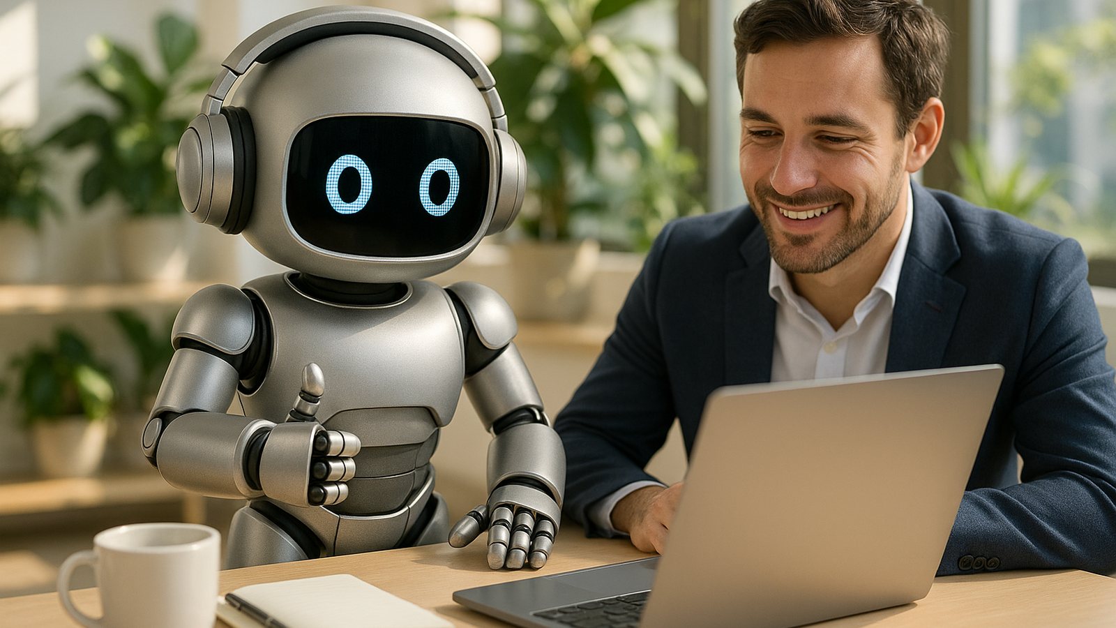 Der graue Roboter sitzt mit einem Menschen am Besprechungstisch, beide schauen gemeinsam auf einen Laptop.